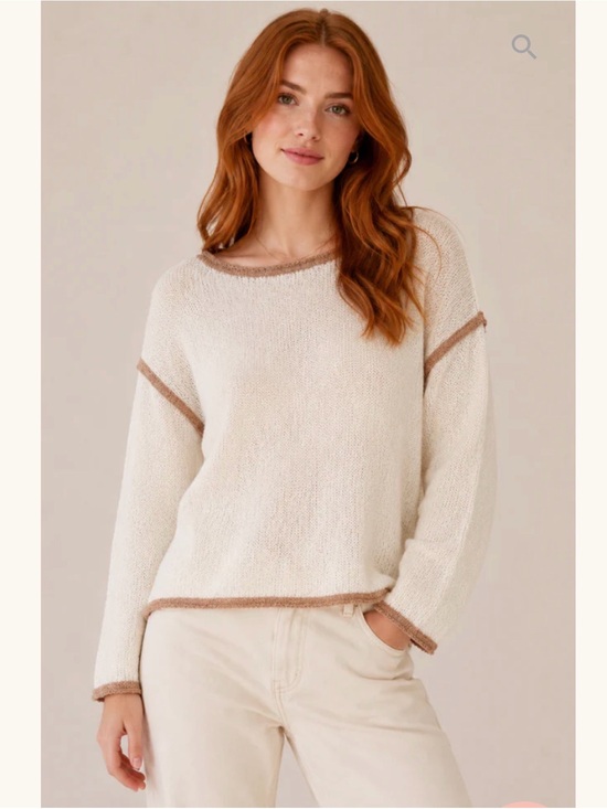 Hem & Thread Sweaters - Hem & Thread Cream Crewneck Sweater with Tan Contrast Trim NWT